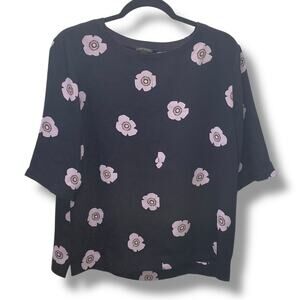 Ann Taylor Navy Blouse Short Sleeve Flowers Career Work Casual L